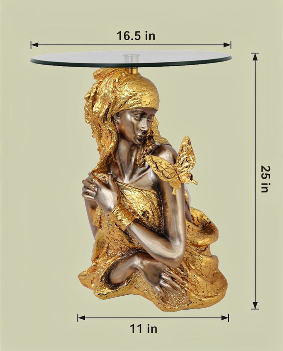 Ethereal Goddess Accent Table - 25" Gold Sculpture with Butterfly & Glass Top