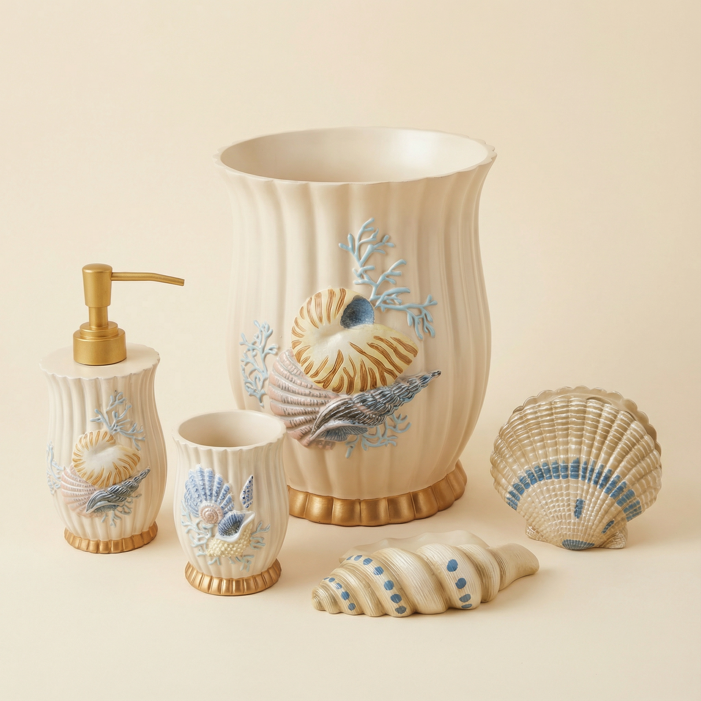Spa Shell 5-Piece Bath Accessory Set - Coastal Luxury Bathroom Collection