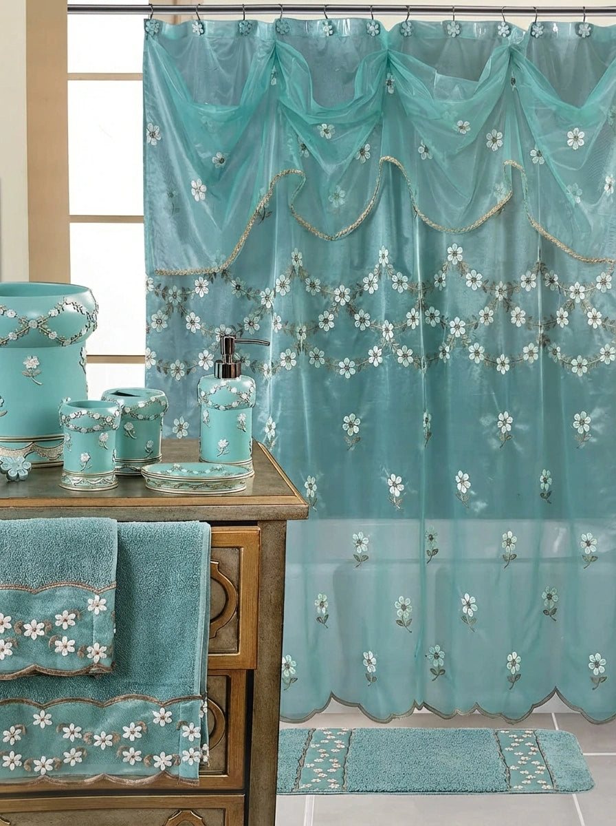 Maya Shower Curtain – Delicate Floral Embellished Bathroom Décor