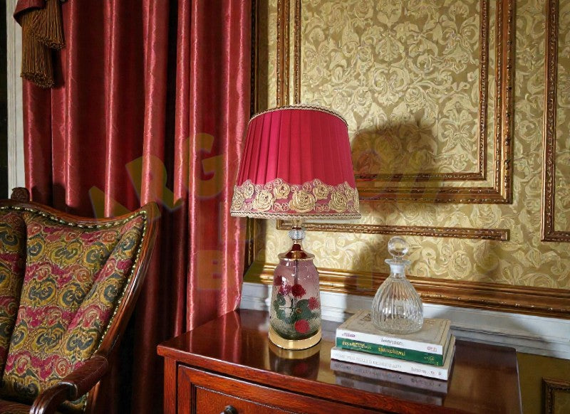 Romantic Rose Garden Glass Lamp - 14" with Pink Pleated Shade