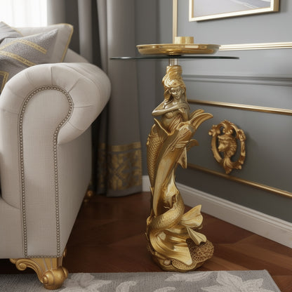 Enchanting Mermaid Accent Table - 34" Gold Sculpture with Glass Top