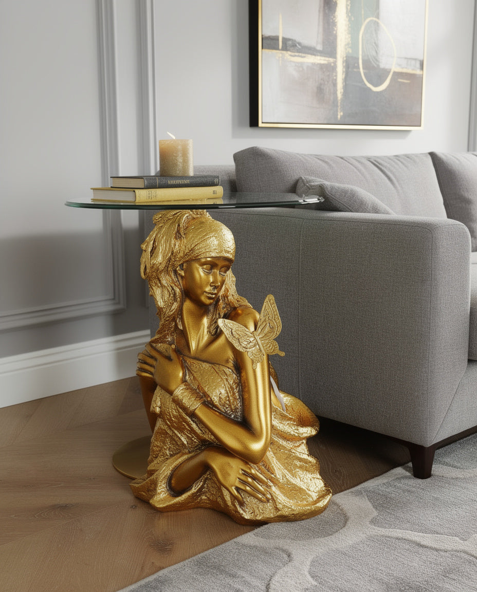 Ethereal Goddess Accent Table - 25" Gold Sculpture with Butterfly & Glass Top
