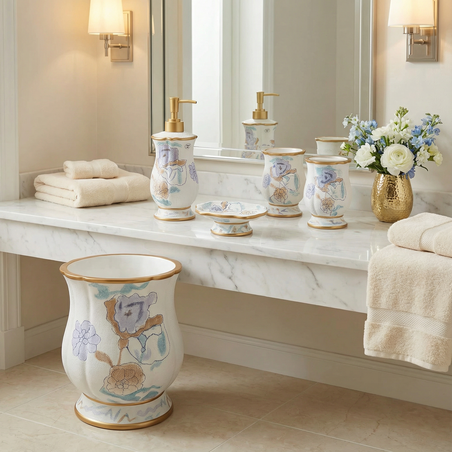 Judy 5-Piece Bath Accessory Set - Watercolor Floral Luxury Bathroom Collection