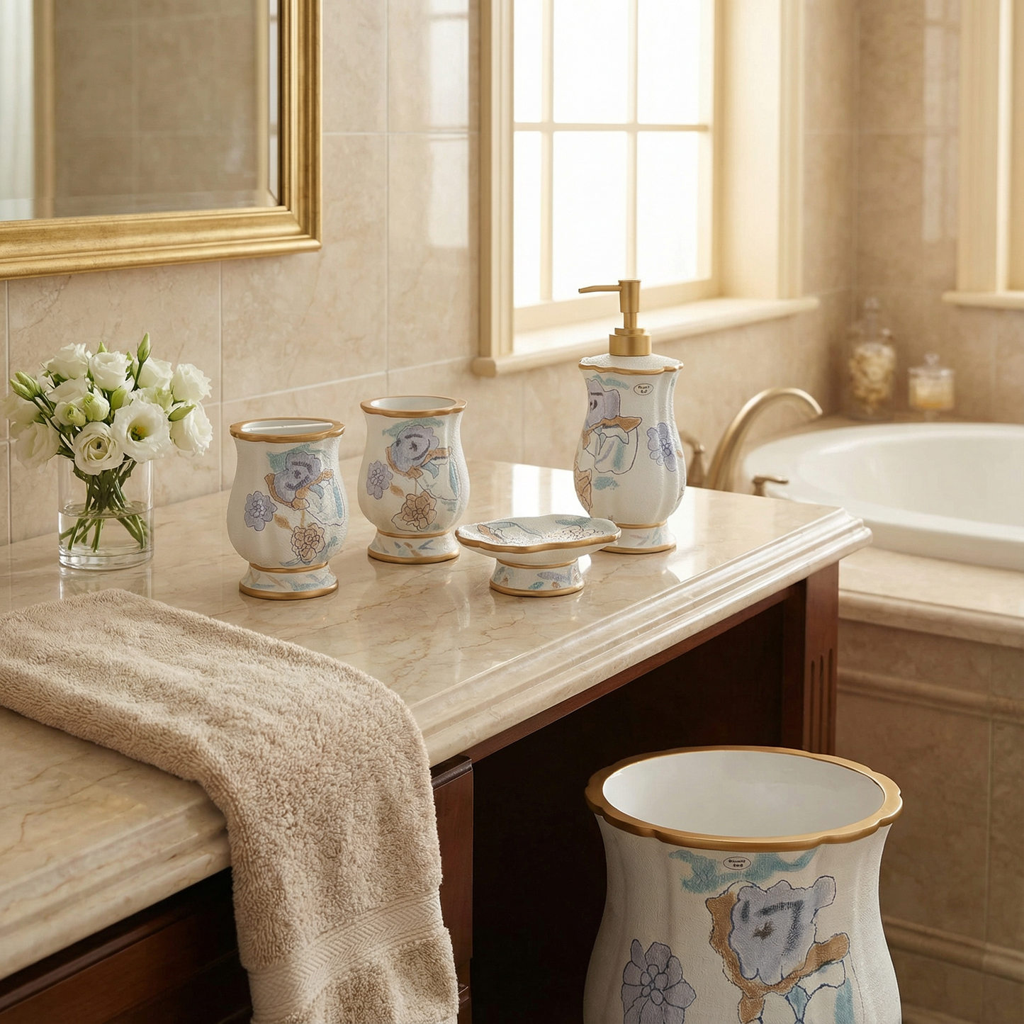 Judy 5-Piece Bath Accessory Set - Watercolor Floral Luxury Bathroom Collection