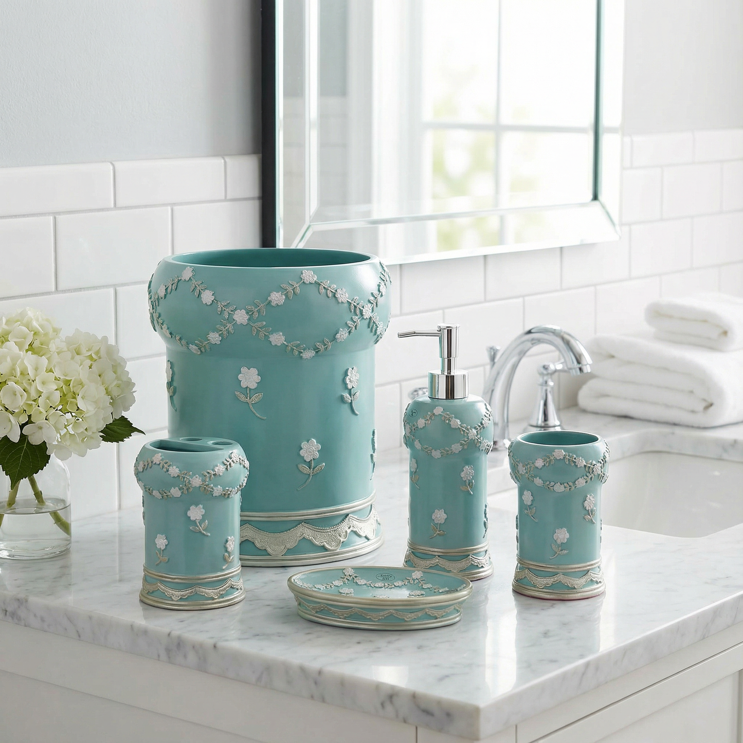 Maya 5-Piece Bath Accessory Set - Romantic Floral Luxury Bathroom Collection