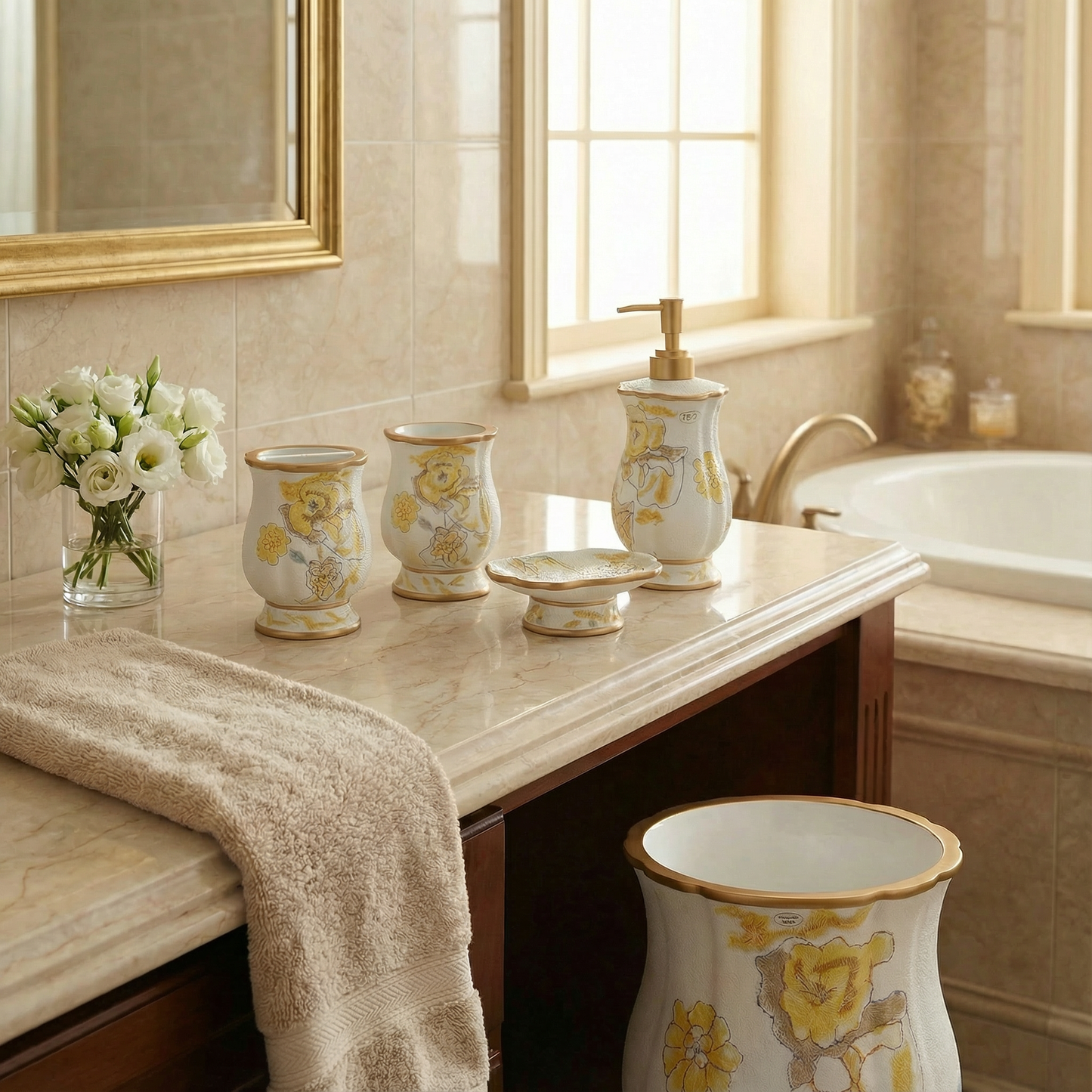 Judy 5-Piece Bath Accessory Set - Watercolor Floral Luxury Bathroom Collection