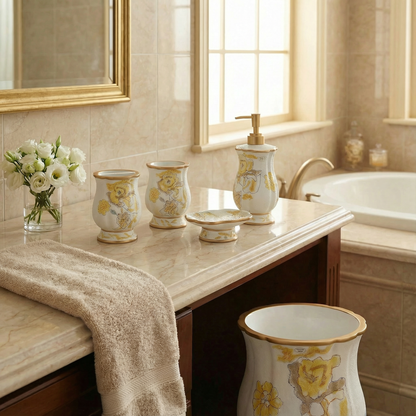 Judy 5-Piece Bath Accessory Set - Watercolor Floral Luxury Bathroom Collection