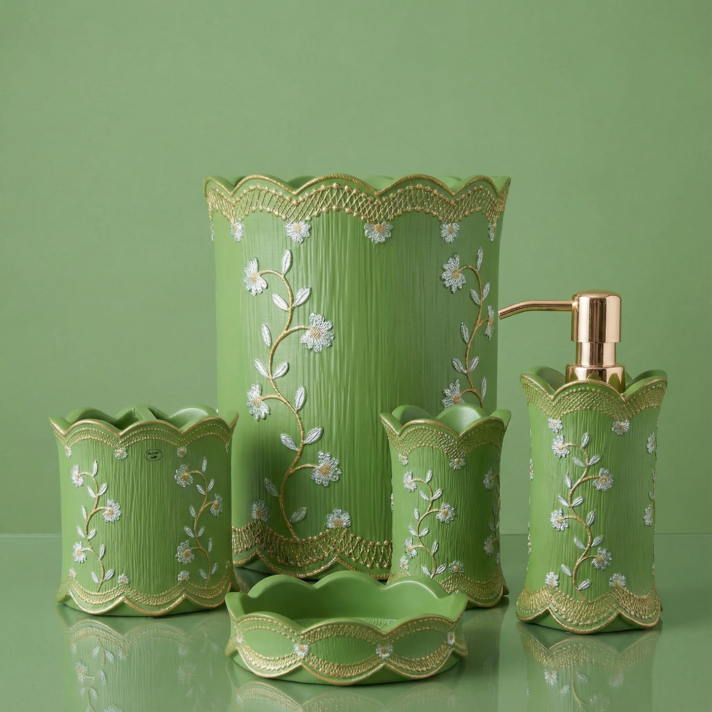 Chateau Green 5-Piece Bath Accessory Set - Vintage French Country Bathroom Collection