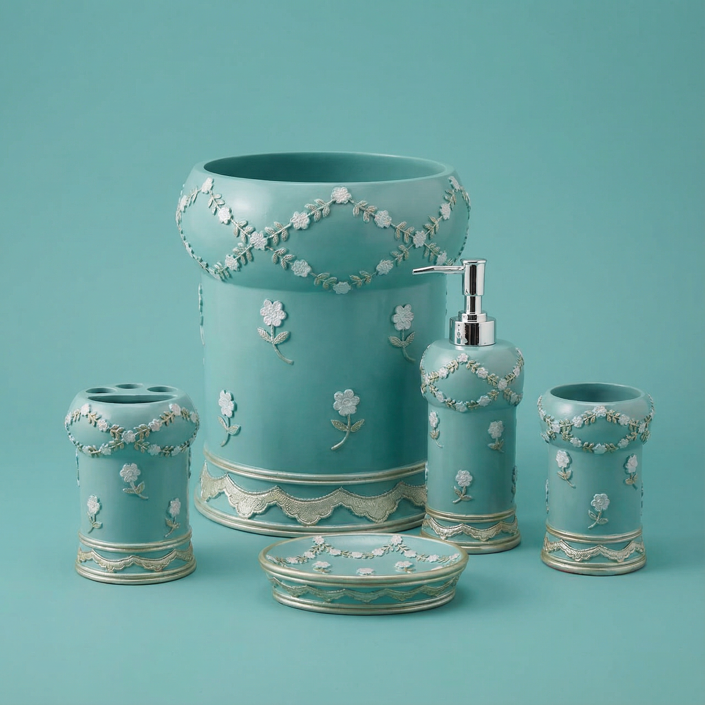 Maya 5-Piece Bath Accessory Set - Romantic Floral Luxury Bathroom Collection