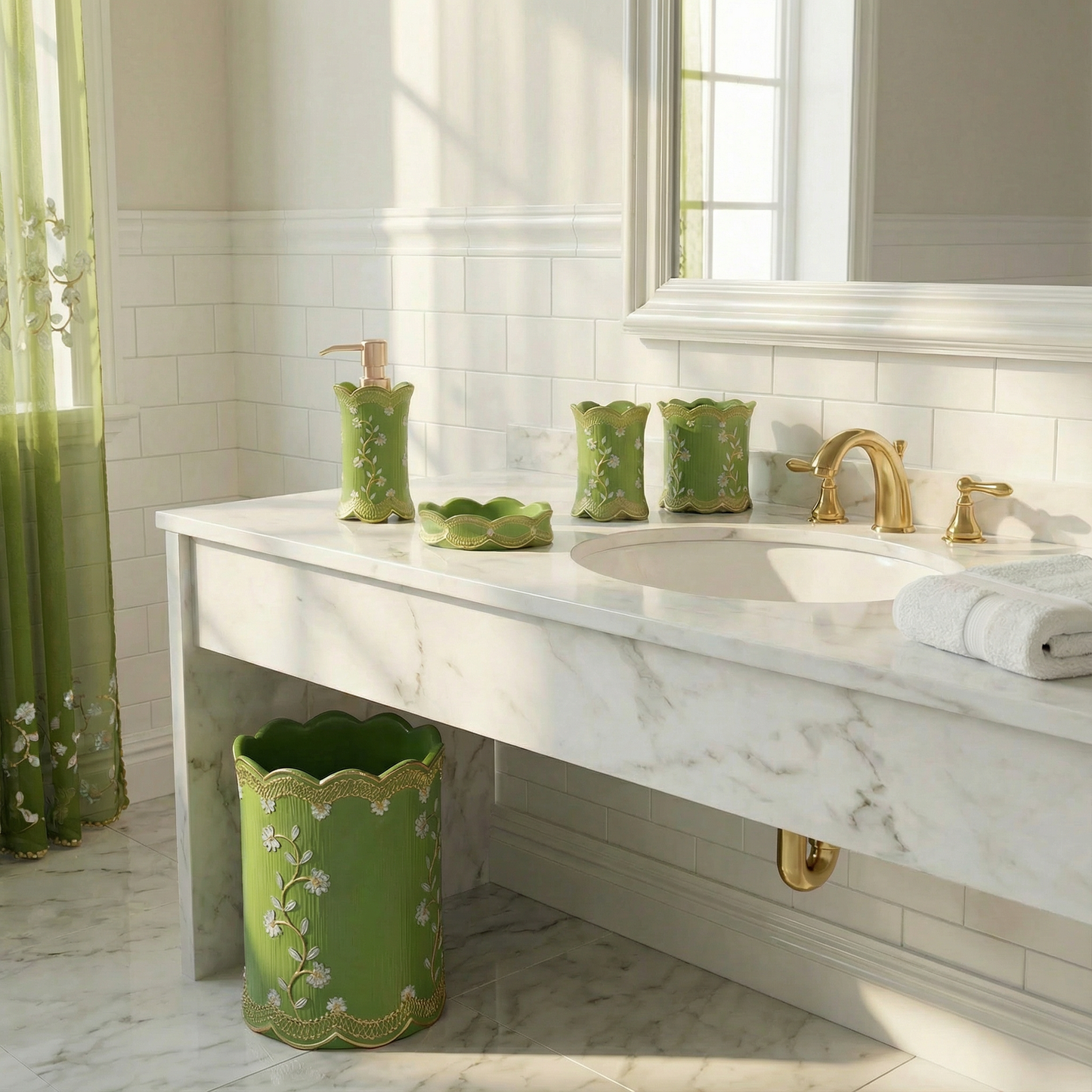Chateau Green 5-Piece Bath Accessory Set - Vintage French Country Bathroom Collection