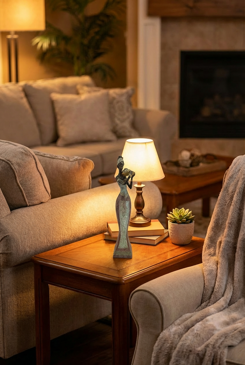 Graceful African Woman Figurine - 13" with Fruit Bowl Sculpture