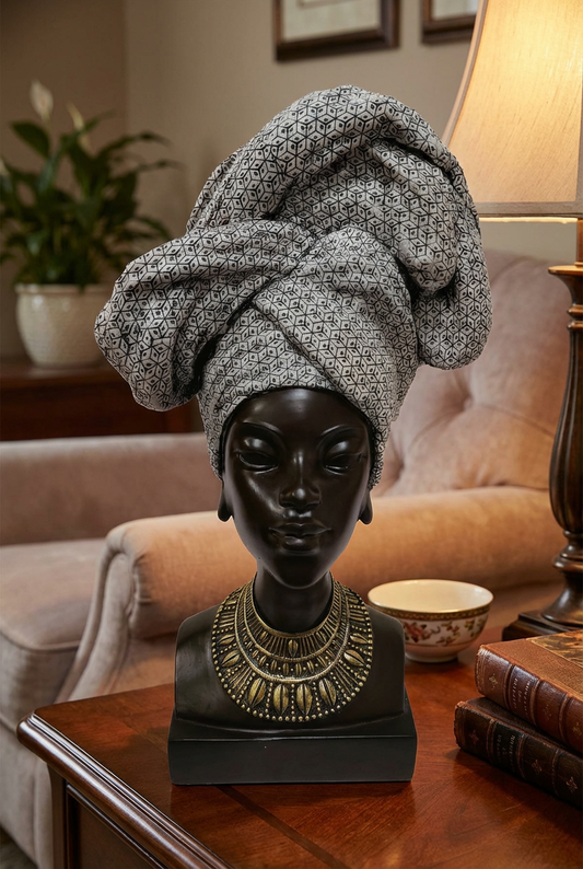 Regal African Woman Bust Sculpture - 16" with Dramatic Head Wrap & Ornate Jewelry
