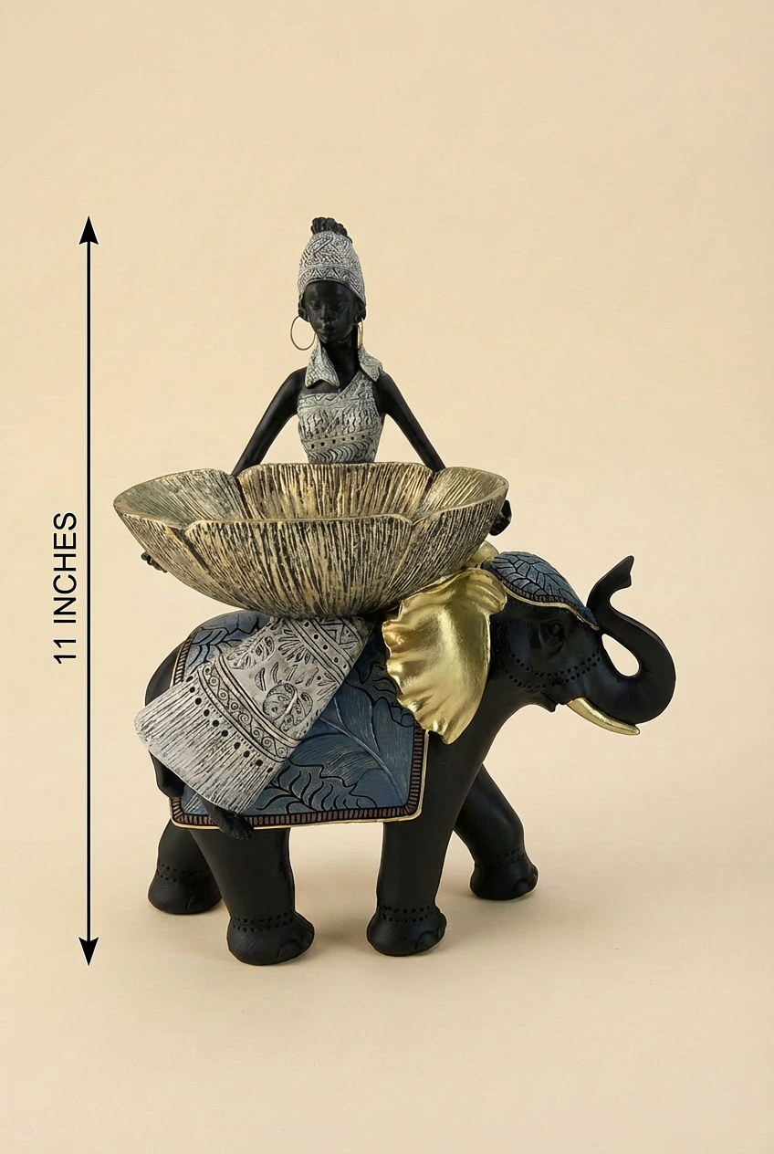 Majestic African Woman on Elephant Sculpture - 11" with Decorative Bowl
