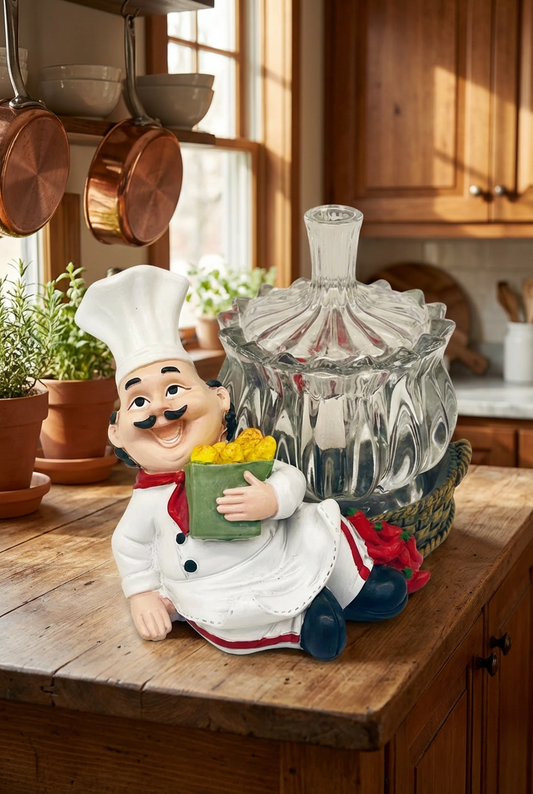 Charming Chef Cookie Jar - 6" with Glass Container & Pasta Bowl