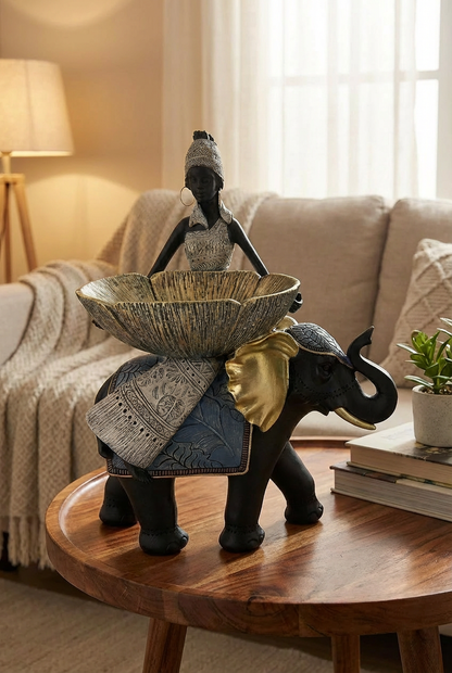 Majestic African Woman on Elephant Sculpture - 11" with Decorative Bowl