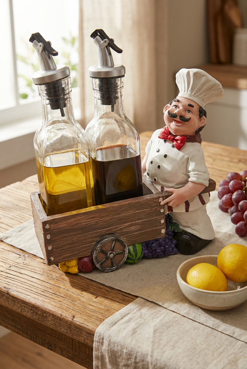 Charming Chef Oil & Vinegar Caddy Set - 10" with Glass Bottles & Wooden Cart