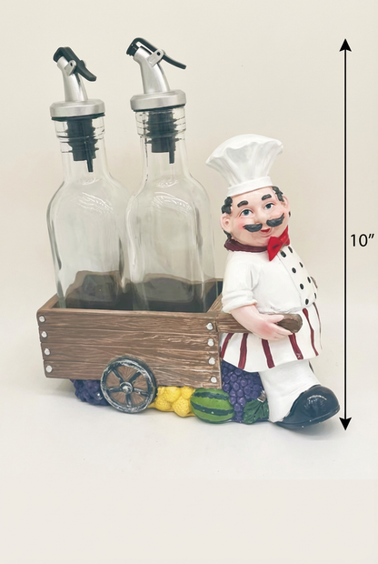 Charming Chef Oil & Vinegar Caddy Set - 10" with Glass Bottles & Wooden Cart