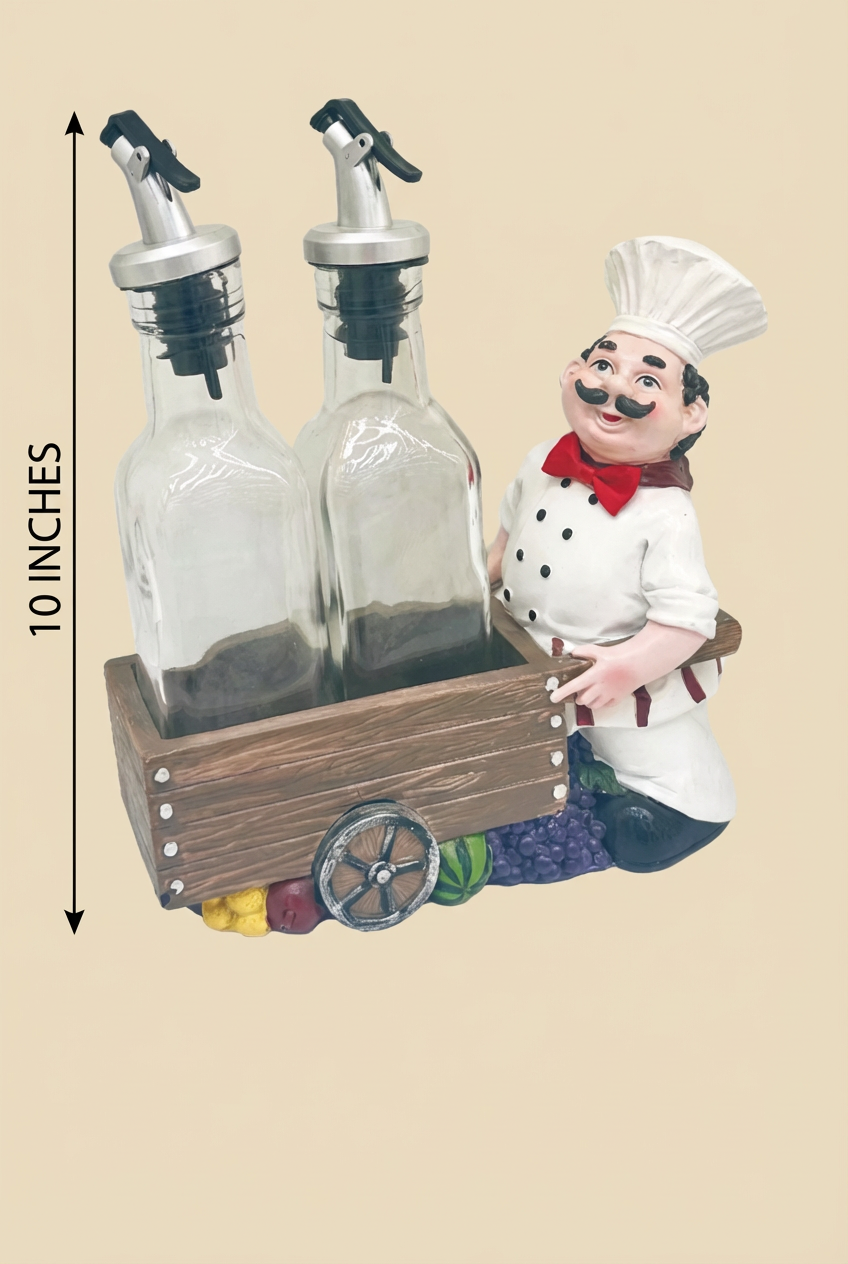 Charming Chef Oil & Vinegar Caddy Set - 10" with Glass Bottles & Wooden Cart
