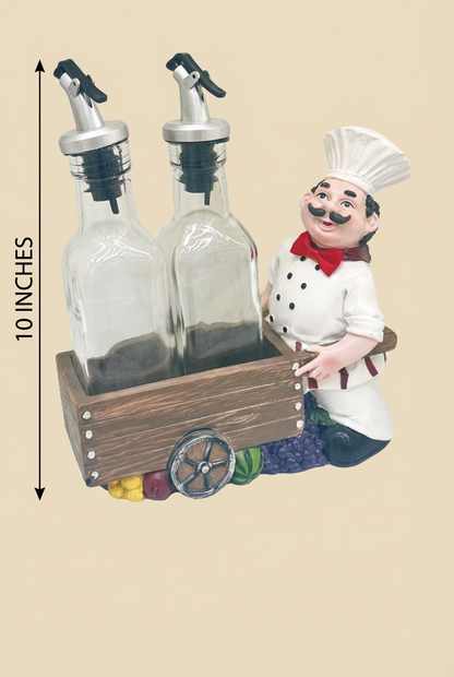 Charming Chef Oil & Vinegar Caddy Set - 10" with Glass Bottles & Wooden Cart