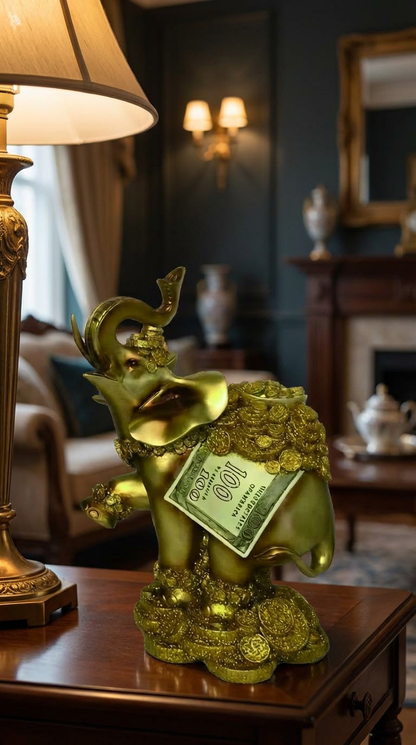 Prosperity Elephant Sculpture - 11.5" Gold with Coins & Wealth Symbolism
