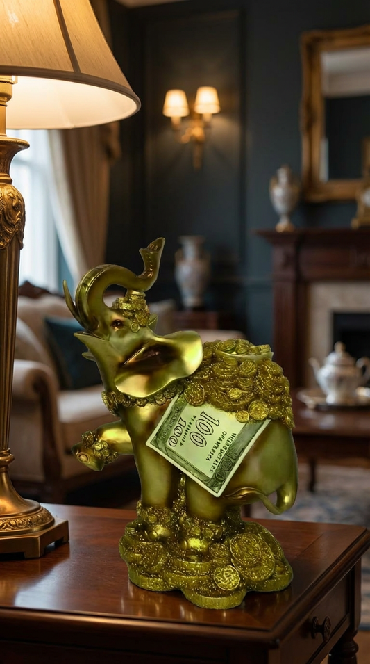 Prosperity Elephant Sculpture - 11.5" Gold with Coins & Wealth Symbolism