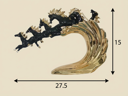 Majestic Galloping Horses Sculpture - 15" x 27.5" Gold & Black Statement Piece