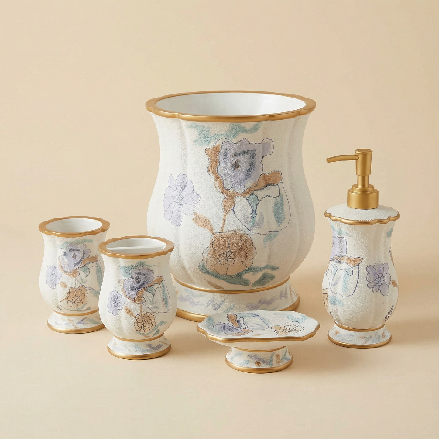 Judy 5-Piece Bath Accessory Set - Watercolor Floral Luxury Bathroom Collection