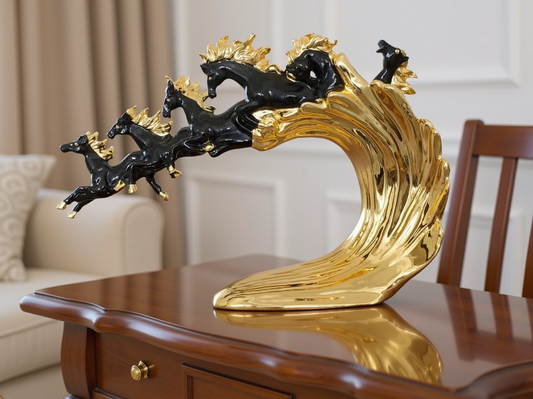 Majestic Galloping Horses Sculpture - 15" x 27.5" Gold & Black Statement Piece