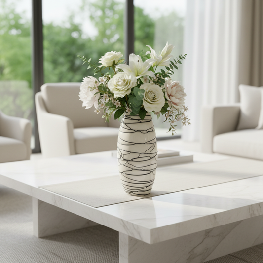 Modern Abstract Line Art Glass Vase - 11" Contemporary White Ceramic