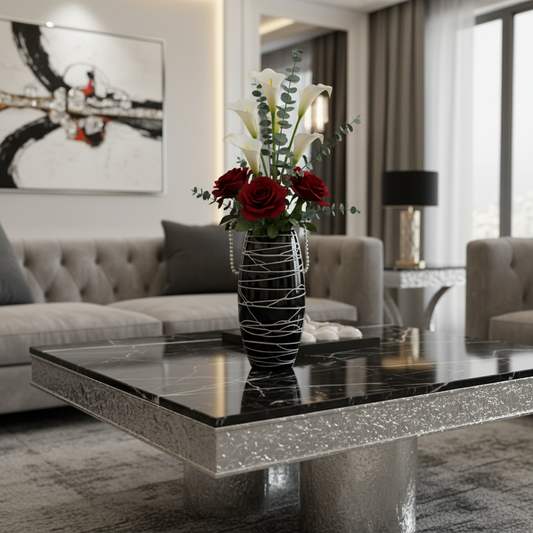 Elegant Black Glass Vase - 11" with Silver Abstract Line Art