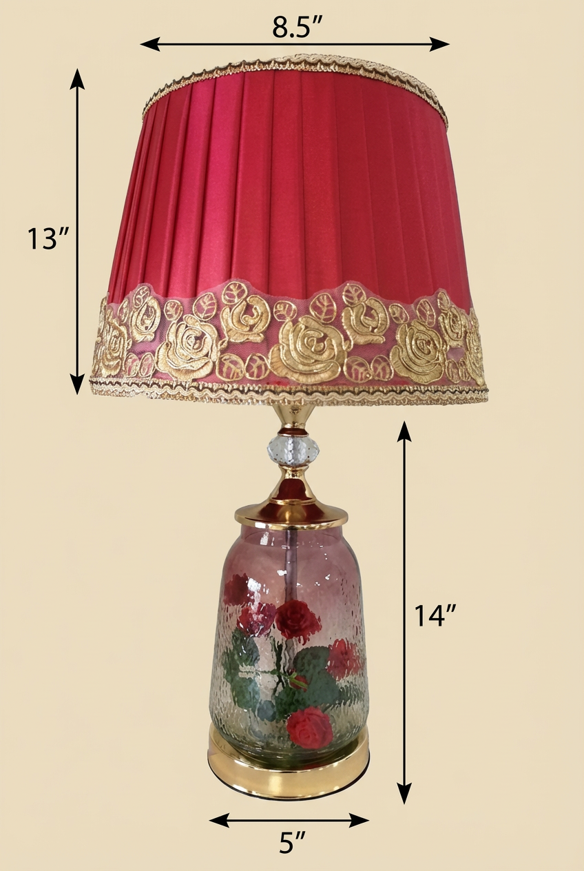 Romantic Rose Garden Glass Lamp - 14" with Pink Pleated Shade