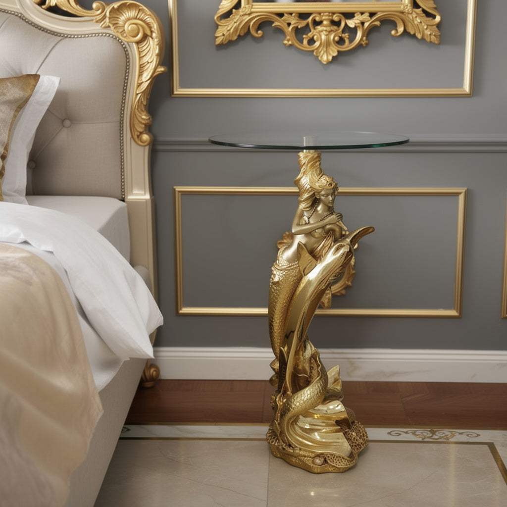 Enchanting Mermaid Accent Table - 34" Gold Sculpture with Glass Top