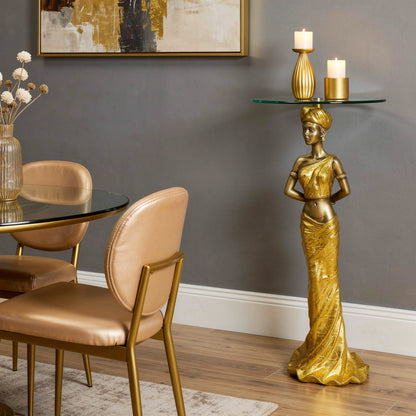 Majestic African Queen Accent Table - 41" Gold Sculpture with Glass Top
