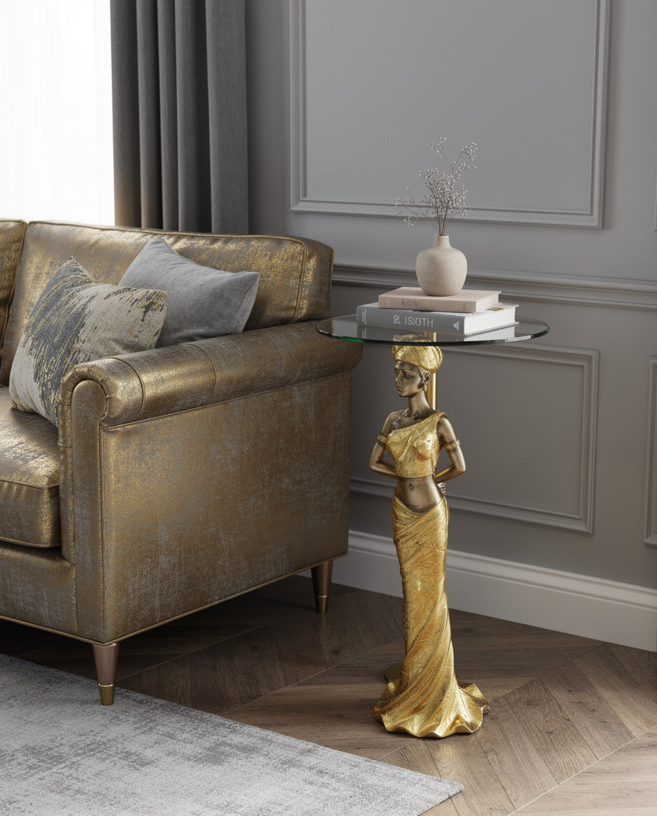 Majestic African Queen Accent Table - 41" Gold Sculpture with Glass Top