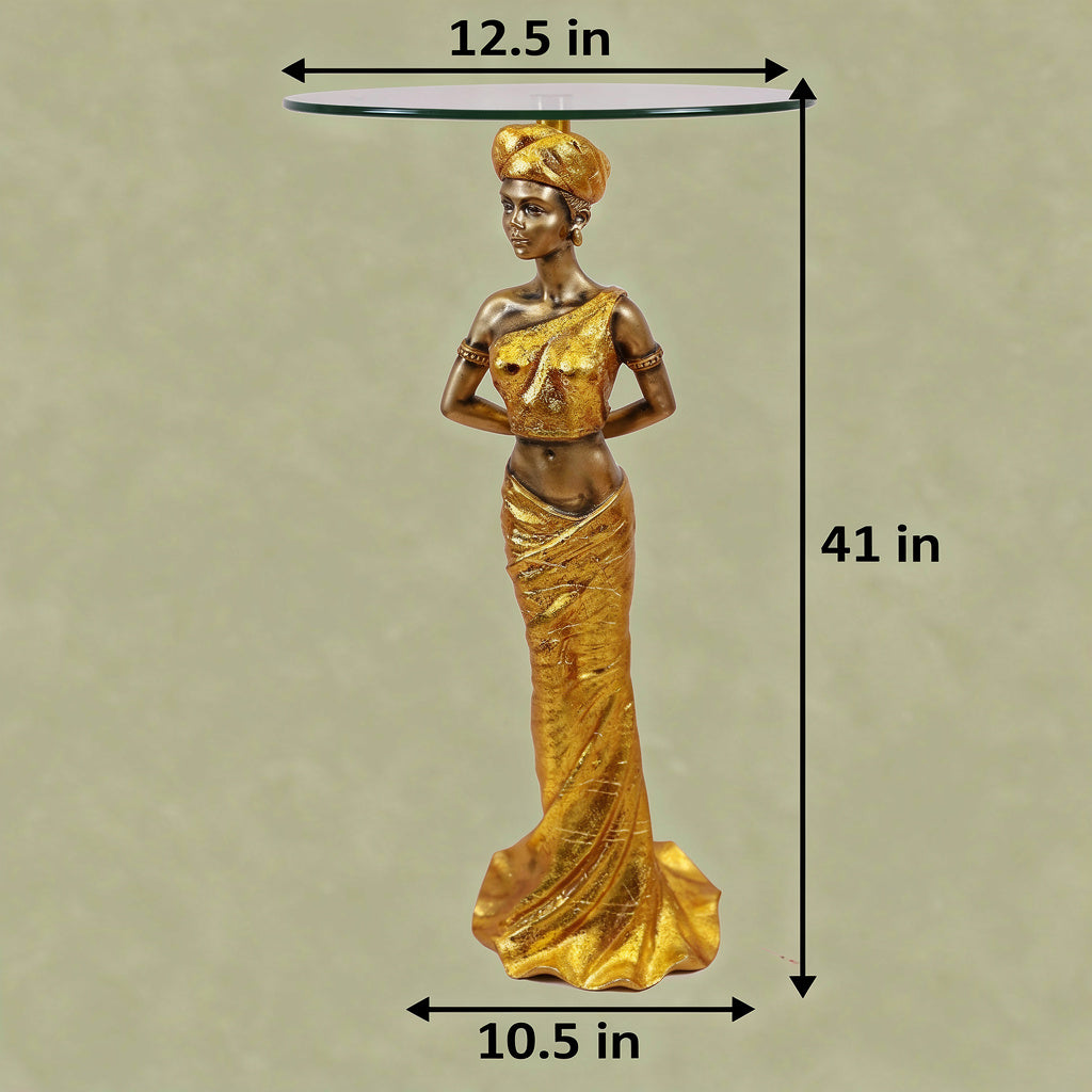 Majestic African Queen Accent Table - 41" Gold Sculpture with Glass Top