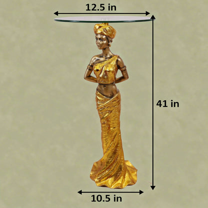 Majestic African Queen Accent Table - 41" Gold Sculpture with Glass Top