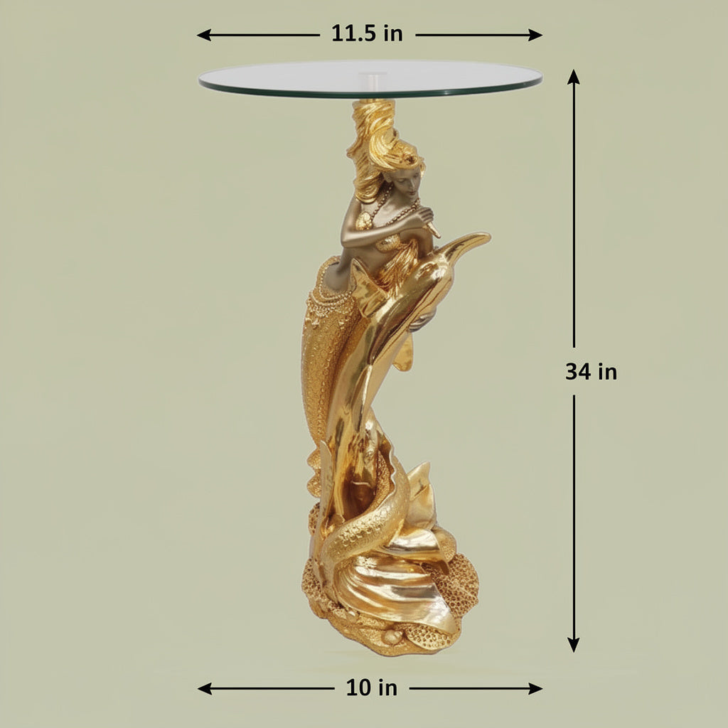Enchanting Mermaid Accent Table - 34" Gold Sculpture with Glass Top