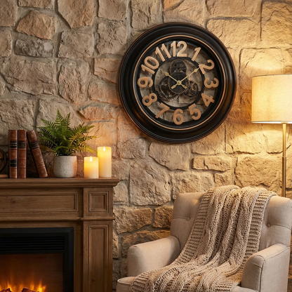 Industrial Steampunk Gear Wall Clock - 20" Moving Gears Design