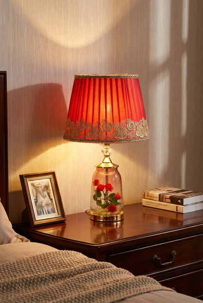 Romantic Rose Garden Glass Lamp - 14" with Pink Pleated Shade