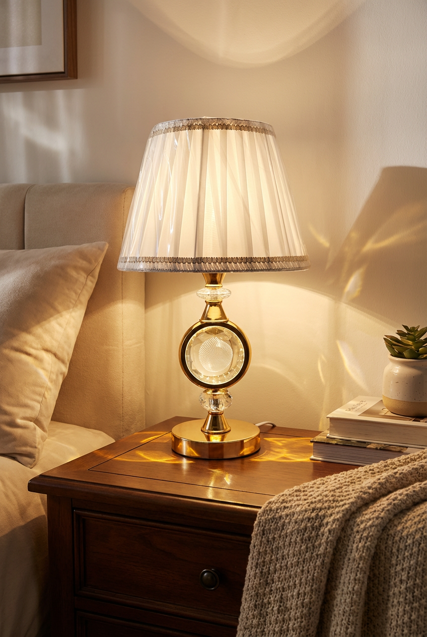 Elegant Crystal Table Lamp - 11" Gold with Etched Apple Design