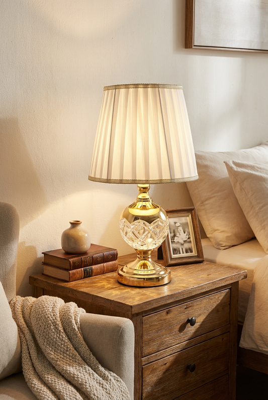 Luxurious Crystal & Gold Table Lamp - 11" with Pleated Shade
