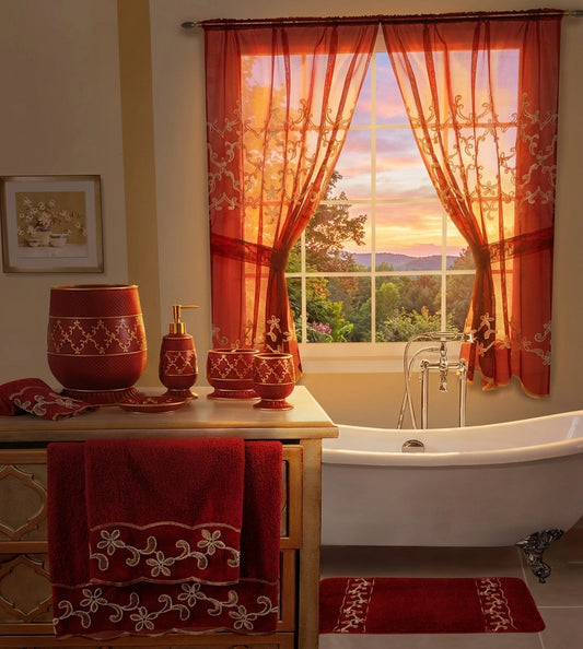 Cassandra Red Window Curtain – Regal Embroidered Bathroom Window Treatment
