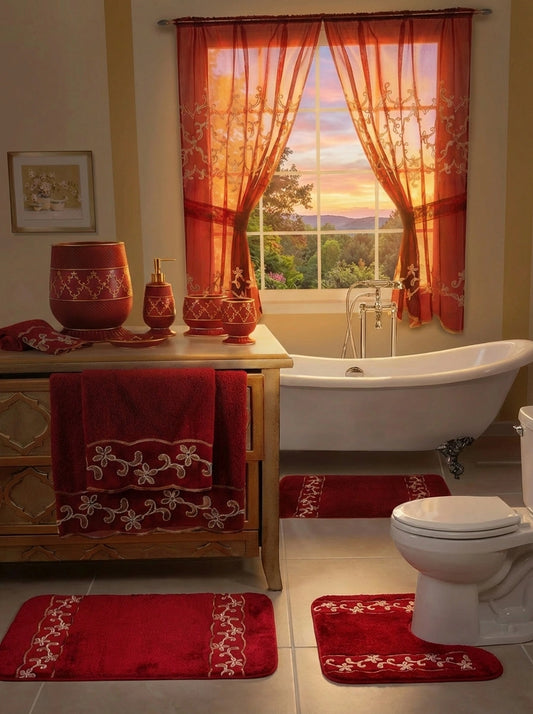 Cassandra Red Bathroom Rug Set – Regal Embroidered Bath Mats