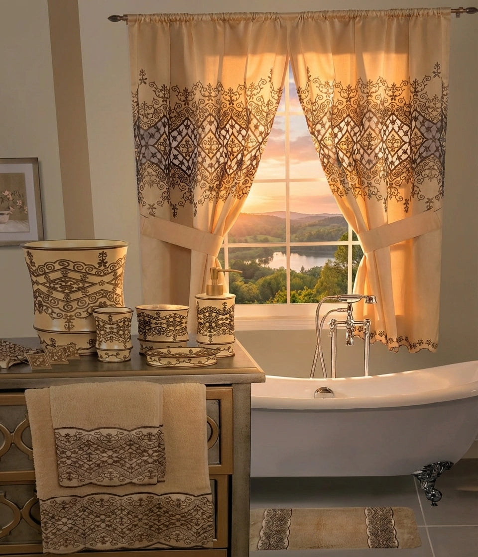 Vivian Beige Window Curtain – Intricate Lace-Inspired Bathroom Window Treatment