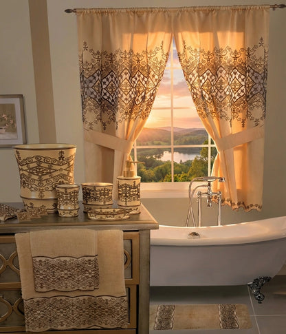Vivian Beige Window Curtain – Intricate Lace-Inspired Bathroom Window Treatment