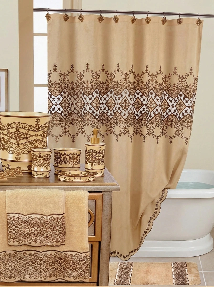 Vivian Beige Shower Curtain – Intricate Lace-Inspired Bathroom Décor