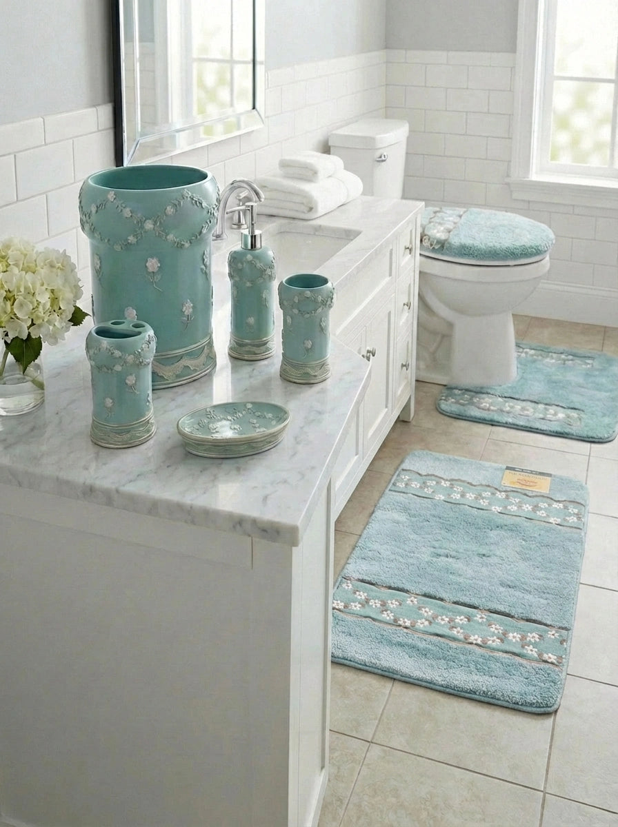 Maya Bathroom Rug Set – Delicate Floral Embellished Bath Mats