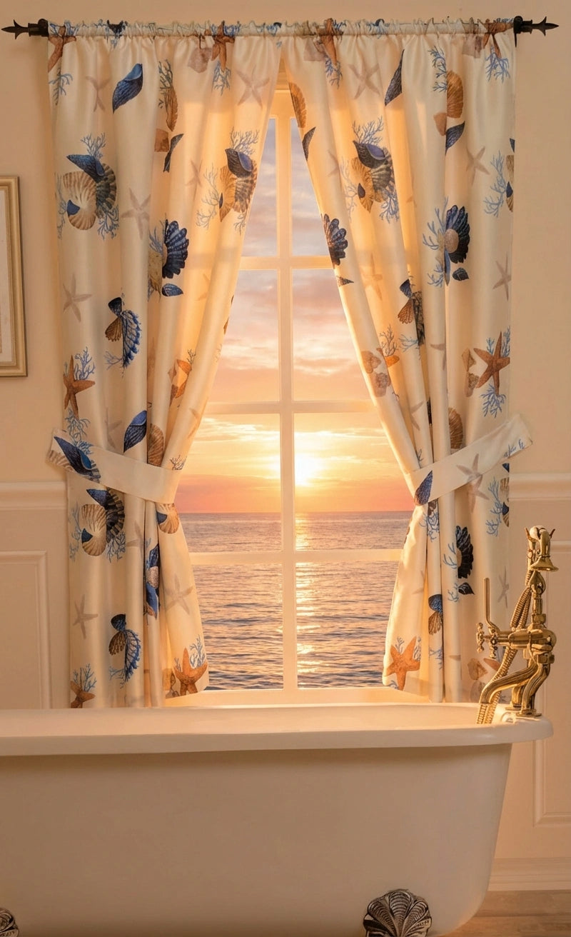 Spa Shell Window Curtain – Coastal Serenity Bathroom Window Treatment